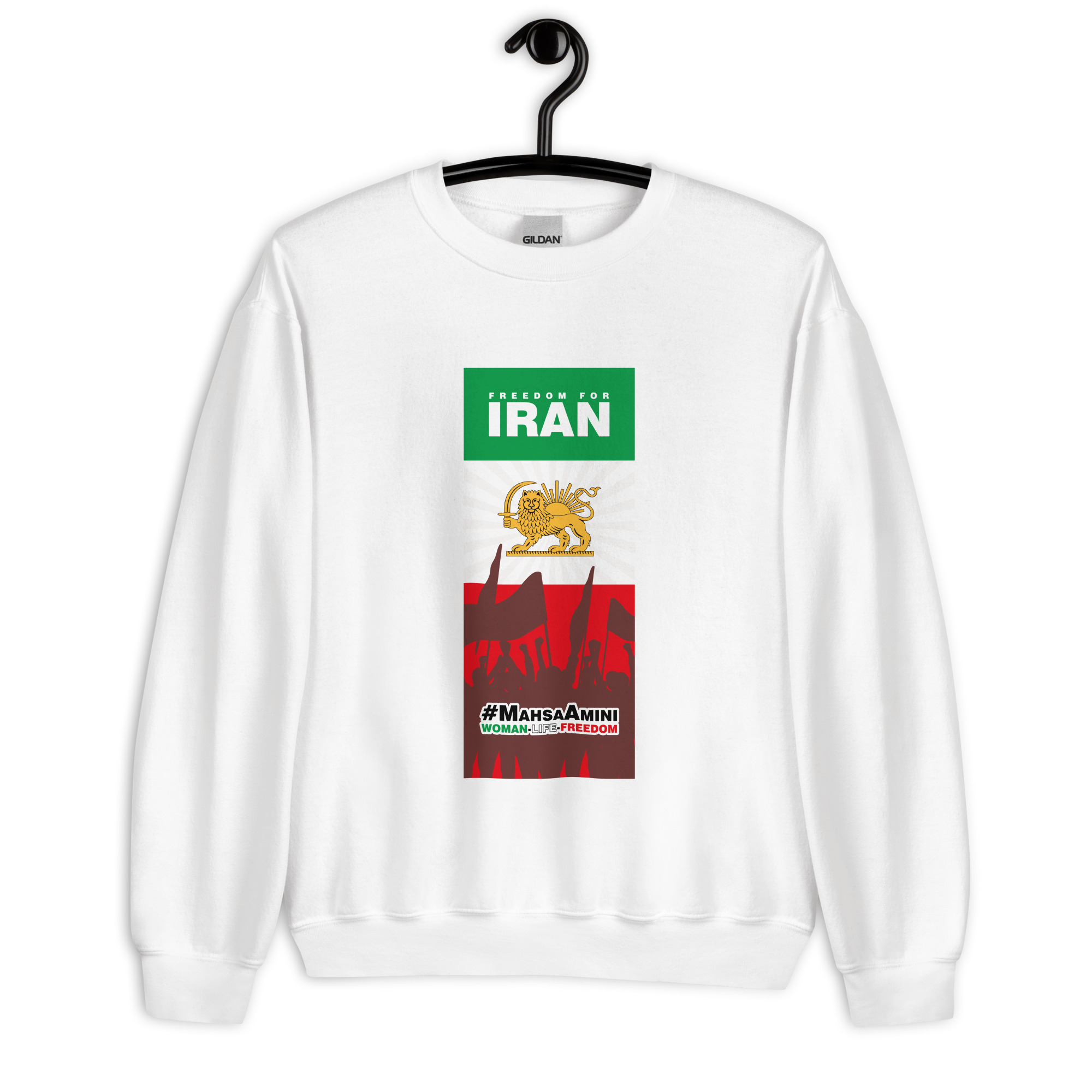 unisex-crew-neck-sweatshirt-white-front-63f32613a6981.jpg Woman Life Freedom S16 – Unisex Sweatshirt - Image 1